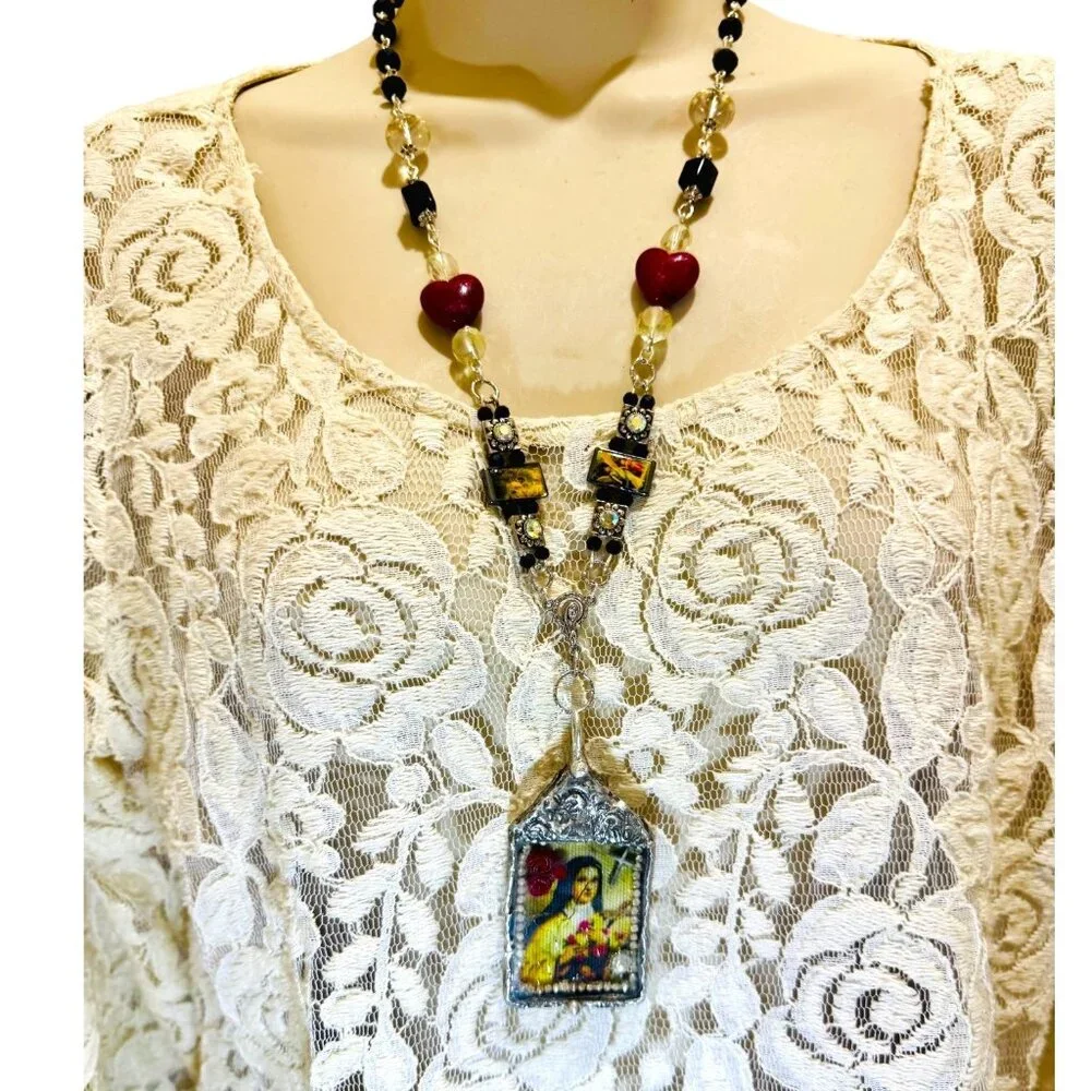 Handcrafted St Teresa Glass Shadow Box Pendant & Artisan Metalwork & Necklace - Picture 10 of 15